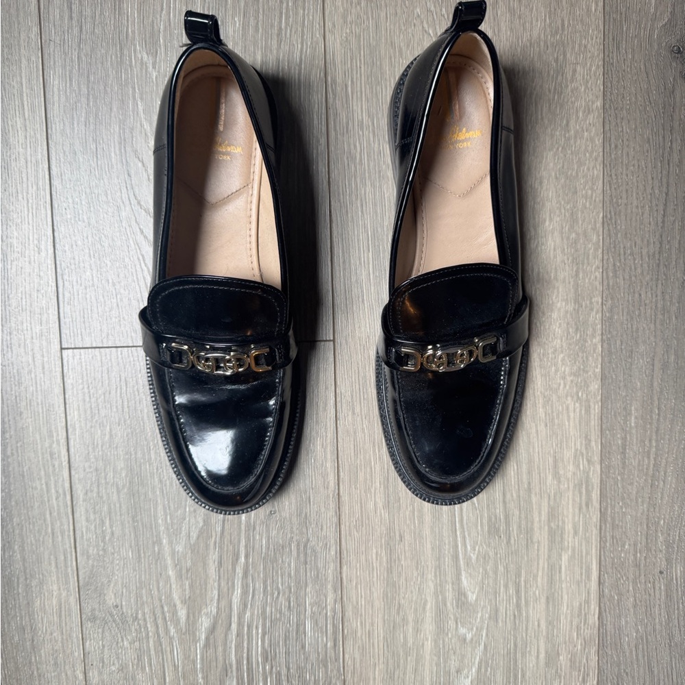 Sam Edelman Black Patent Leather Loafers with Gold Bit